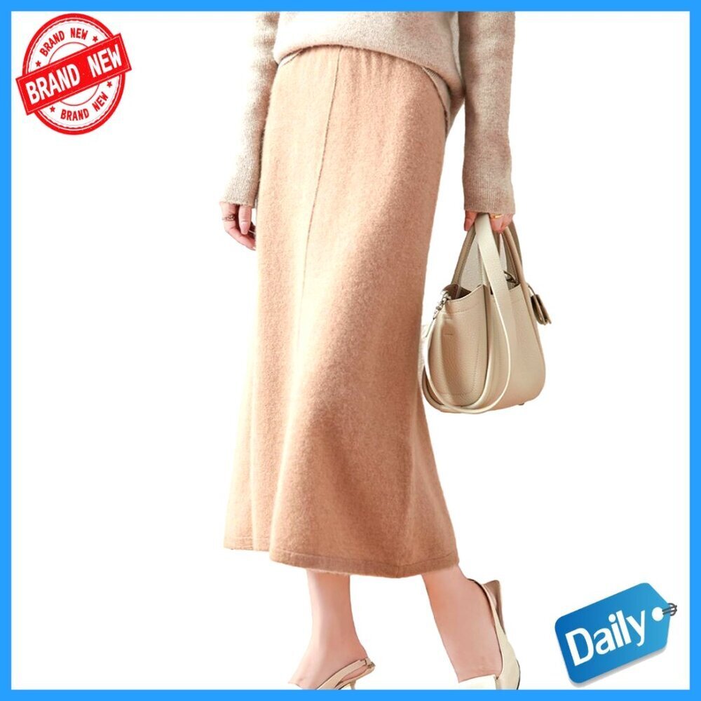 Merino Wool Midi Skirt Ribbed Knit Elastic Waist Casual Winter Warm